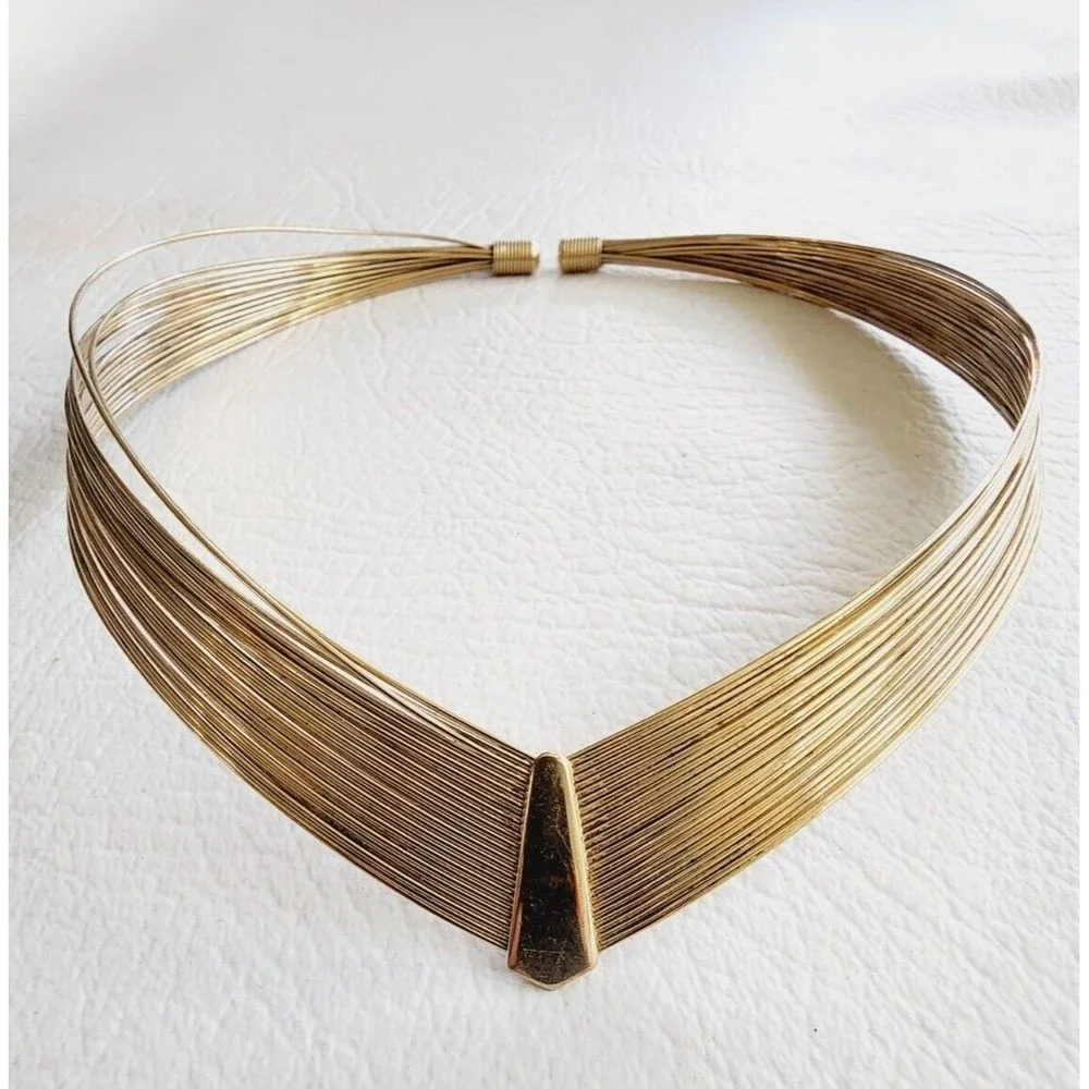 Vintage Gold Tone Wire Choker V  Collar Necklace Multi Layered Wire Choker - Picture 2 of 5